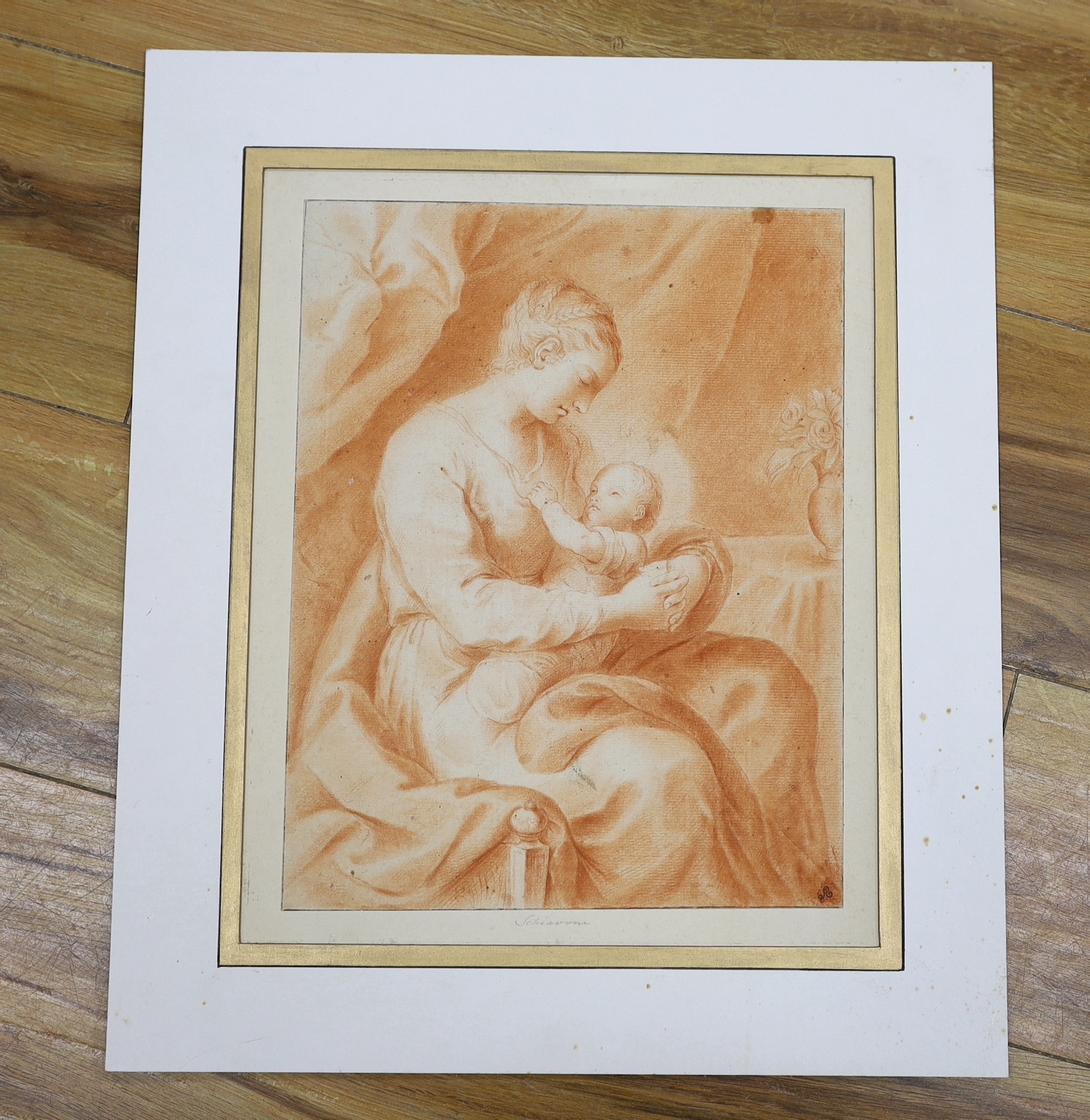 Manner of Francesco Solimena (Italian, 1657-1747), old master sanguine chalk, Madonna and child, collectors stamp lower right, mounted, 34 x 27cm, unframed